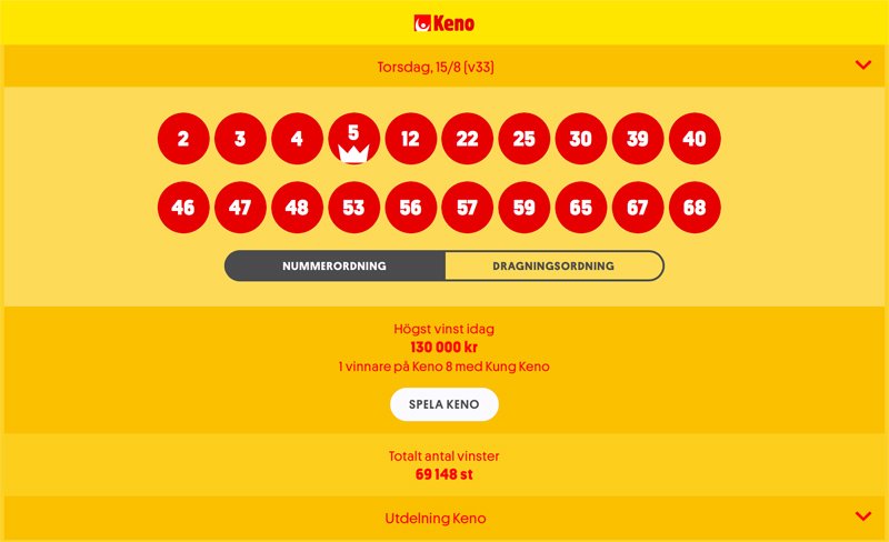 Exempel på ett Keno resultat